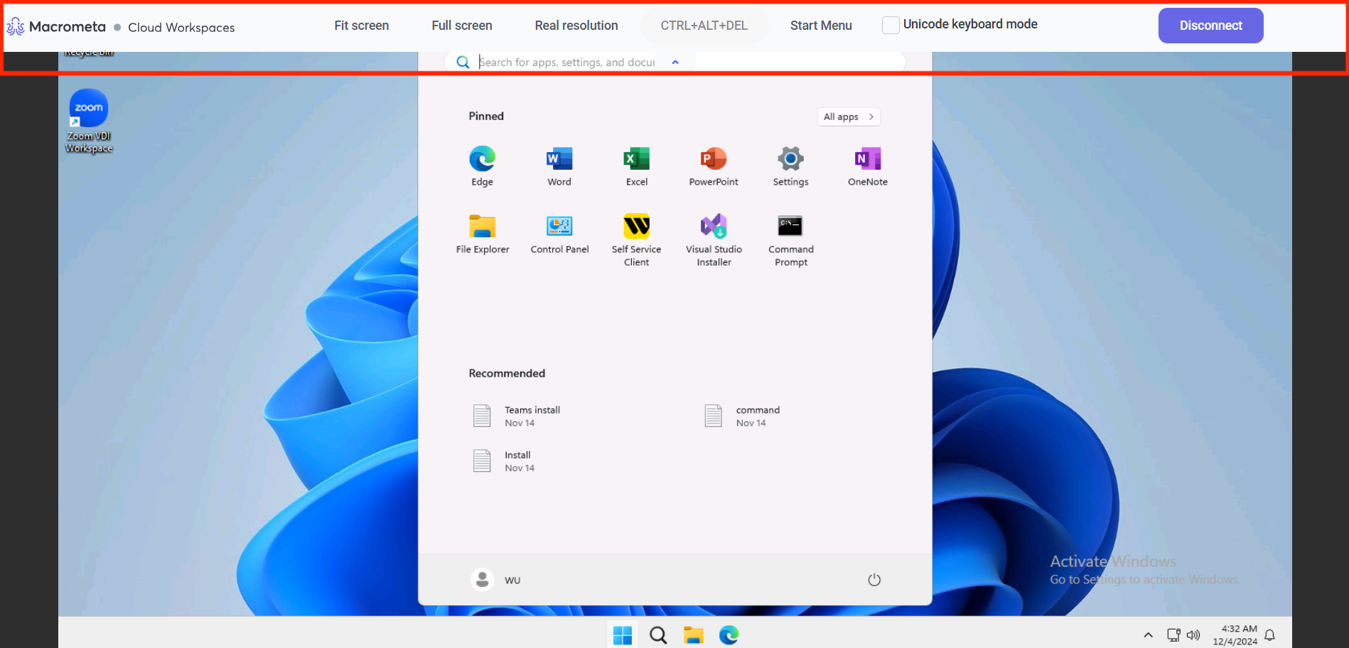 Windows Remote Desktop Menu